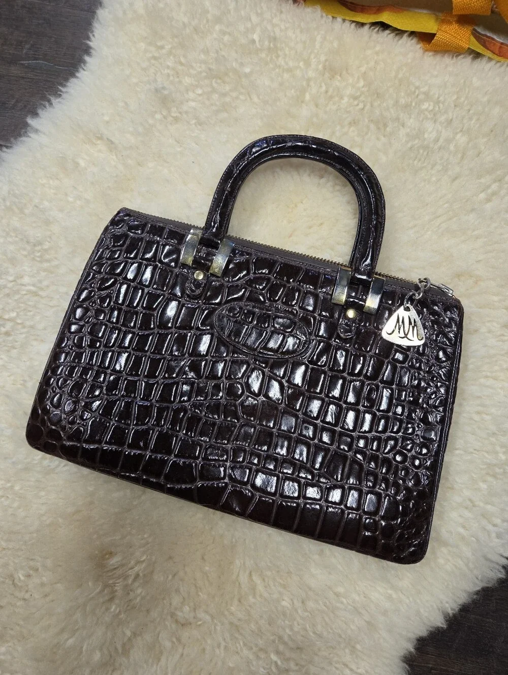 Vintage Morris Moskowitz Brown Crocodile Embossed Leather Handbag 60s Satchel MM